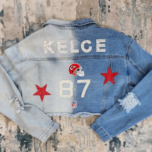 Kelce KC Chiefs 2 tone Jean Jacket - Picture 2 of 4